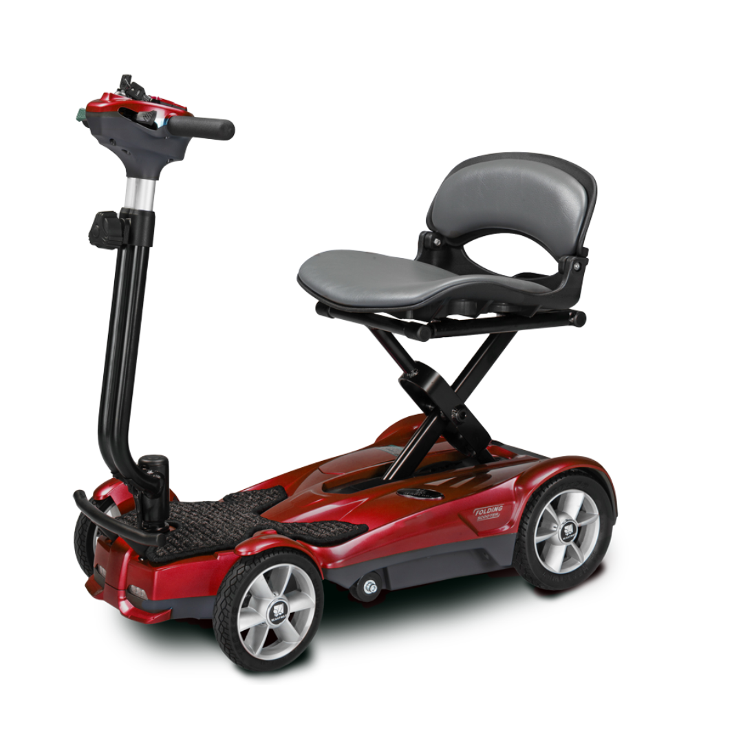 The EV Rider Transport AF4W Automatic Folding Mobility Scooter is a red and black, four-wheel portable scooter with a cushioned seat featuring a backrest, raised above the main body. Compact design and handlebar make it ideal for easy transport.